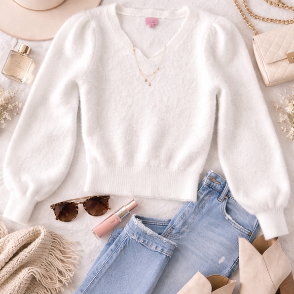Francesca’s mi ami White Fuzzy V-Neck Sweater – Size Small - Picture 2 of 10